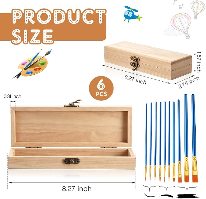 6 Sets Unfinished Wooden Box Rectangle with 10 Brushes Unpainted Wooden Treasure Chest Natural Pine Box with Hinged Lid for DIY Craft Making Storage Jewelry School's Day Gift 8.2x2.7x1.5 in - Image 2
