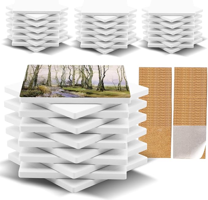 48 Pack Sublimation Blanks Coasters Bulk, 4 Inch Glossy White Glazed Ceramic Tiles Bulk with Cork Backing Pads, Heat Transfer Cup Mat for DIY Crafts Home Kitchen Decor (Square 48PCS) | Glazed Ceramic Tiles Bulk, Cork Backing Pads, Heat Transfer Cup Mat... by Unknown