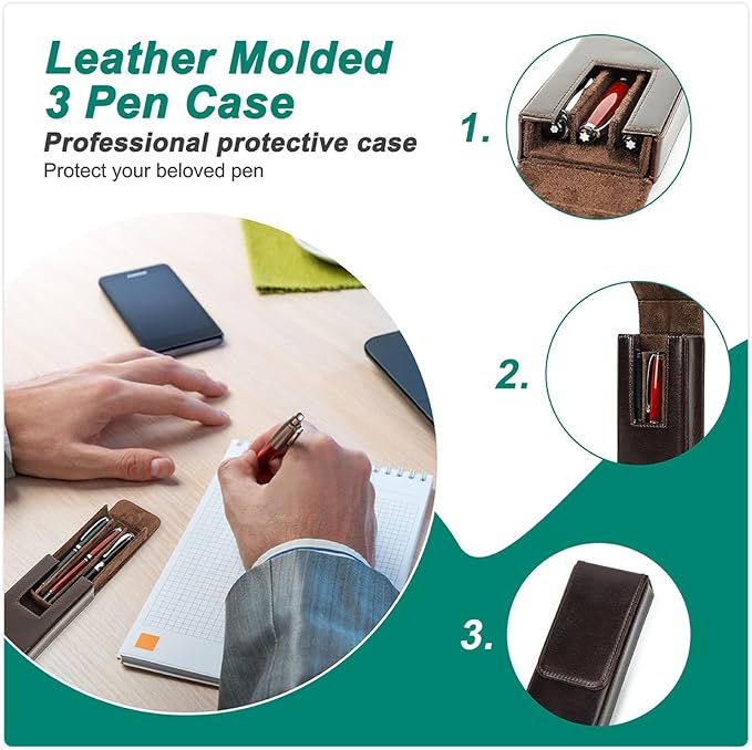 Top Grain Genuine Leather 3 Pen/Pencil Tray Case Holder, Minimalist Fashion Design, Handmade, Magnetic Closing with Drawer Design, Gift Choice for Man/Woman/Office, Glossy Coffee, 3 Slots - Image 8