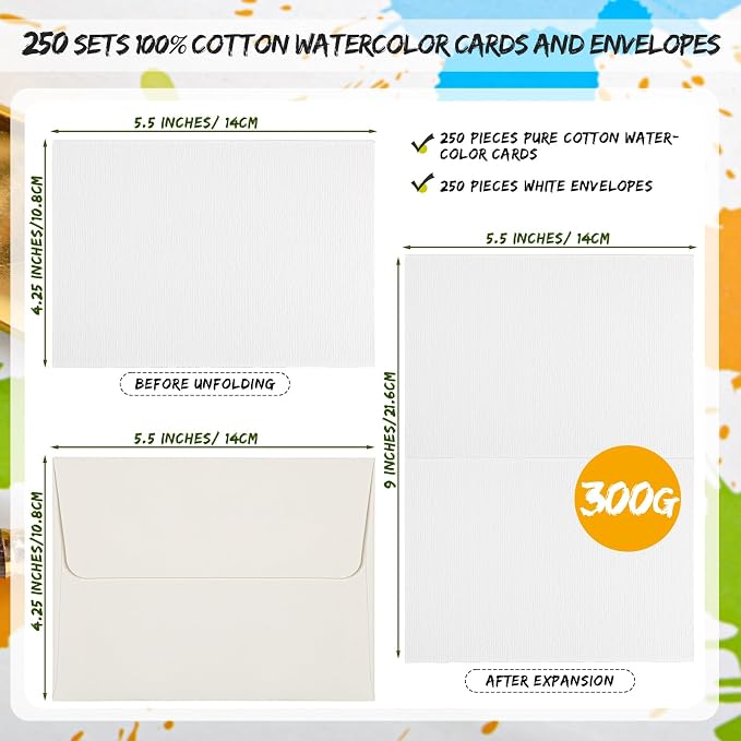 Fainne 200 Set 4.25 x 5.5 Inch Pure Cotton Watercolor Cards Set Blank Cotton Watercolor Cards with Envelopes 140lb Heavyweight Paper for Art Painting Creative Thank Note - Image 2