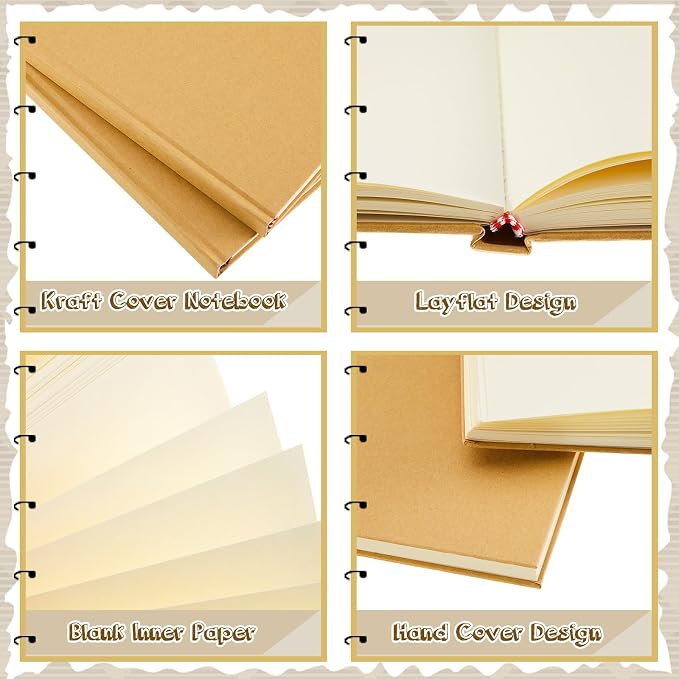 Henoyso 12 Pcs Blank Notebook Journal Hardcover Sketchbook, 11 x 8.5 in | Bulk Unlined Sketch Book 100 Sheets/200 Pages Kraft Notebooks for Writing Drawing for Students School Office, Brown - Image 3