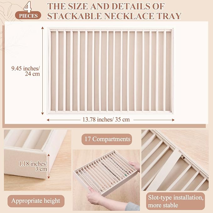 Cinnvoice 4 Pcs Large Stackable Necklace Organizer Tray 17 Grids Velvet Necklace Display Tray Stackable Jewelry Organizer Trays for Drawer Display for Selling Necklaces Bracelet Bangle Showcase - Image 2