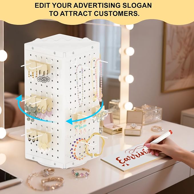 Urban Deco 360° Rotating Pegboard Display Stand with Signage, 4-Sided Spinning Peg Board Stand with 24 Hooks for Jewelry, Earring & Keychain Holder Displays for Craft Shows & Vendor Events (White) - Image 5