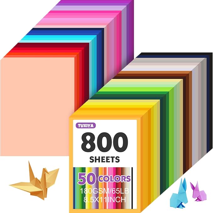 TUXIYA 800 Sheets 8.5" X 11" Colored Cardstock, 50 Colors Card Stock | 50 Assorted Colors Construction Paper Printer Paper for Printing, Card Making, DIY Crafts, School Supplies,Party 180GSM/65LB by Unknown