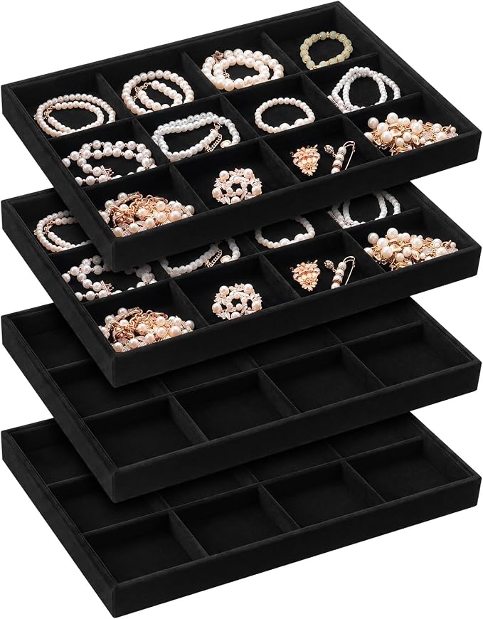 Cinnvoice 4 Pcs Stackable Jewelry Organizer Tray, 12 Grids Velvet Bracelet Ring Necklace Tray, Jewelry Organizer Trays for Drawer Display Selling Bangle Necklace Earring Showcase Storage(Black) by Cinnvoice