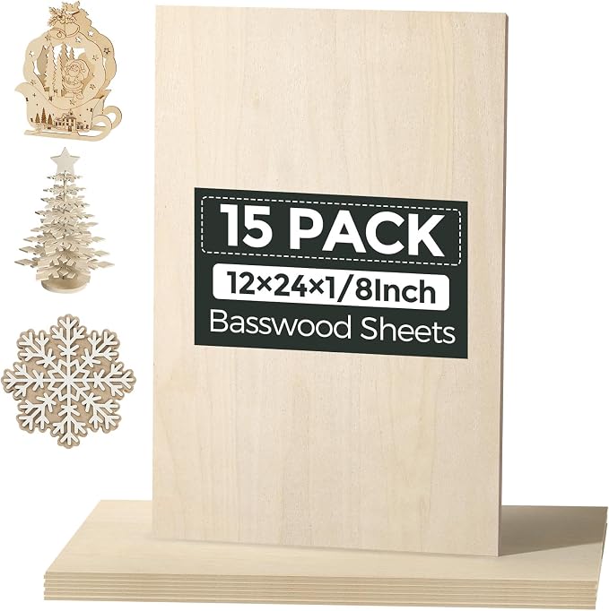 15 Pack Basswood Sheets, 12"x24"x1/8" Basswood for Laser Cutting | Laser Blanks, Smooth Surface, Uniform Thickness, No Burrs, No Warping, No Knots, No Cracks by 3MMBasswoodForLaserCutting