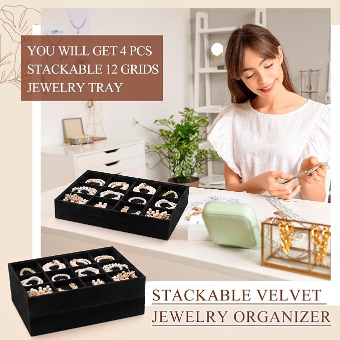 Cinnvoice 4 Pcs Stackable Jewelry Organizer Tray, 12 Grids Velvet Bracelet Ring Necklace Tray, Jewelry Organizer Trays for Drawer Display Selling Bangle Necklace Earring Showcase Storage(Black) - Image 3