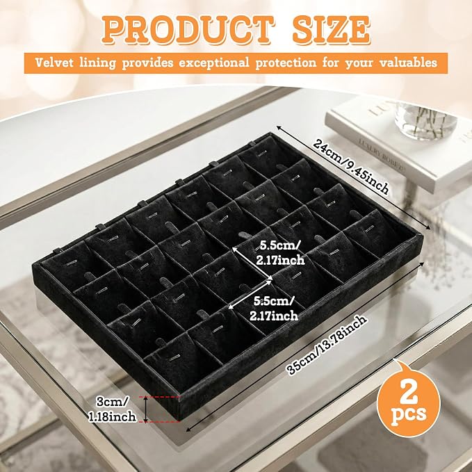 2 Pcs 24 Grid Stackable Jewelry Organizer Tray with Removable Dividers Ice Velvet Jewelry Display Showcase Tray for Necklace Earring Ring Bracelet Holder (Black Velvet) - Image 2