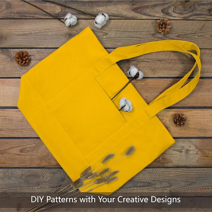 TOPDesign 1-Pack Canvas Tote Bags with an External Pocket, Reusable Grocery Shopping Bags, Top Zipper Closure, Daily Essentials (Yellow) - Image 4