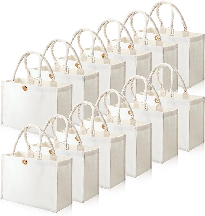 Reginary 12 Pcs Jute Burlap Tote Bags with Handles Reusable | Beach Wedding Gifts, Blank DIY Canvas Bags, 14.57x10.24x6.69 in, Burlap Handles, Waterproof Reusable for Shopping by Reginary