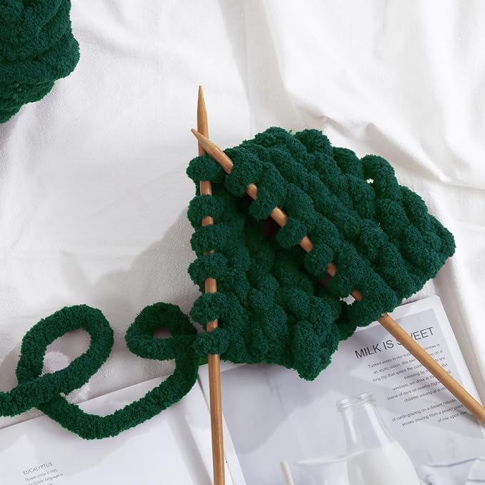 HOMBYS Dark Green Chunky Chenille Yarn for Crocheting, Bulky Thick Fluffy Yarn for Knitting,Super Bulky Chunky Yarn for Hand Knitting Blanket, Soft Plush Yarn, 12 Jumbo Pack (27 yds,8 oz Each Skein) - Image 5