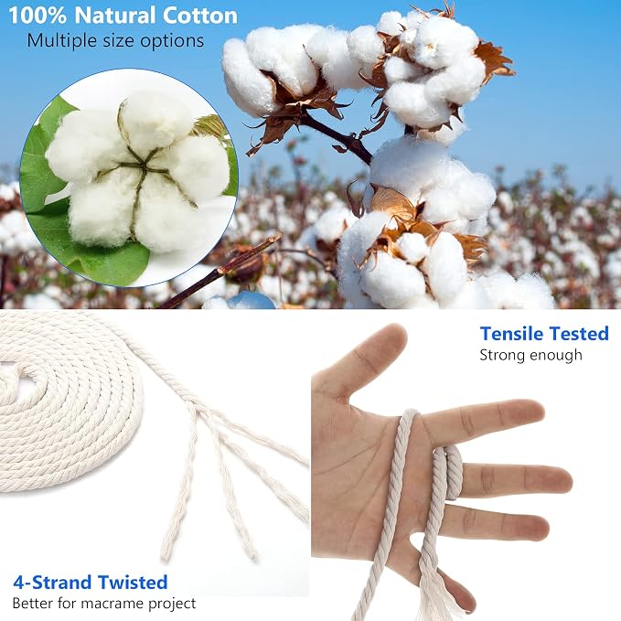 Macrame Cord - Natural Unbleached Macrame Rope - 4 Strand Twisted Cotton Rope for Wall Hanging，DIY Craft Making，Plant Hangers，Knotting Decorative Projects (White, 4mm x 220Yards) - Image 2