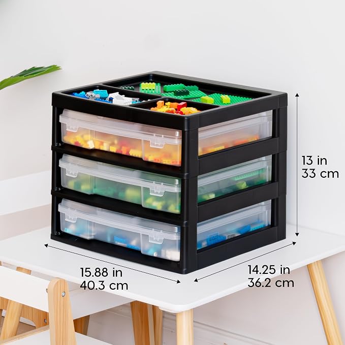 IRIS USA Desk Organizer |Made in USA| 3-Tier Cases - Black/Clear | Fits 12"x12" Paper, Built-In Handles, Storage Unit with Supply Top for Craft, Art, Office Supplies, Pens & Pencils - Image 4