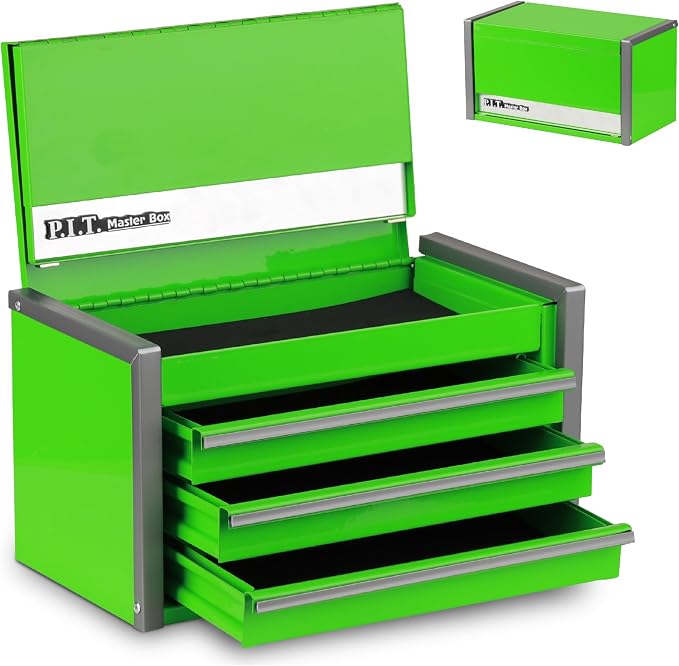 P.I.T. Mini Tool Box,3 Drawers Small Metal Toolbox for Tools Storage,Green | 8.6"W X 4.6"D Cute Size,Q235 Steel,Magnetic Tab Locking,PVC Drawer Liners by PIT
