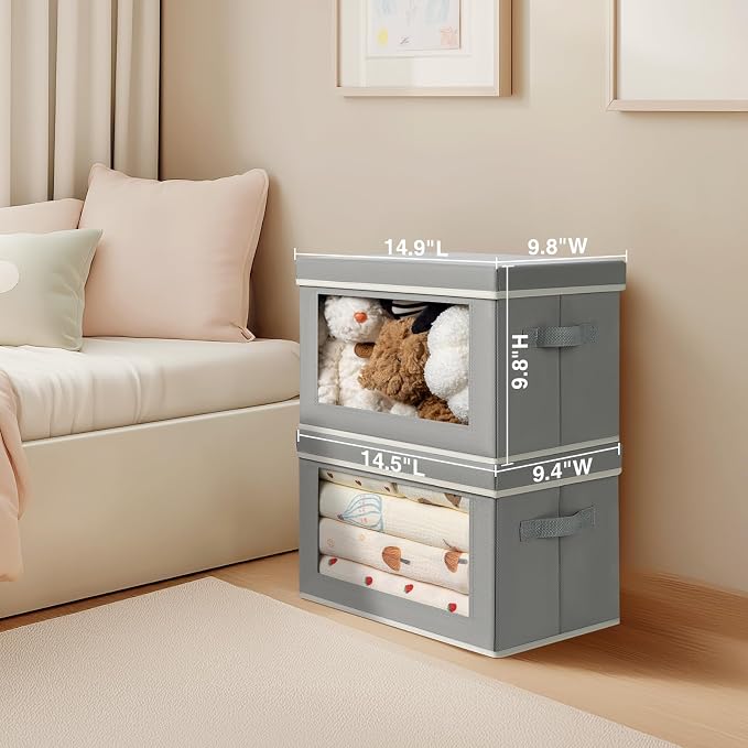 Storage Bins with Lids - Fabric Closet Storage Bins with Window, Collapsible Baskets for Shelves 4 Pack, Home Decorative Boxes for Clothes, Closet, Office, Grey - Image 6