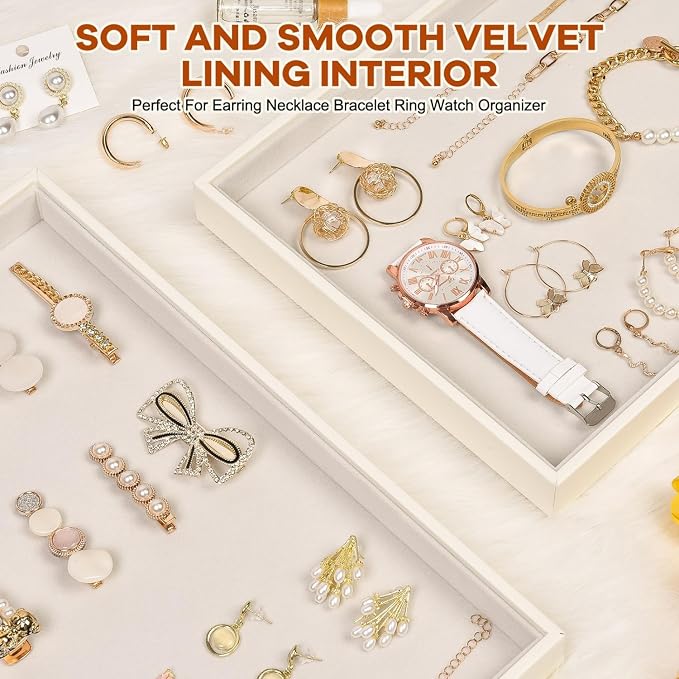 Beige Velvet Jewelry Trays for Drawers Black Jewelrys Display Tray Stackable Jewelry Organizer Trays for Necklace Bracelet Ring Watch (4 Pack) - Image 2