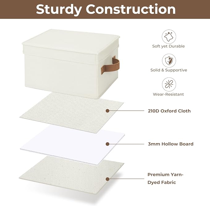 StorageWorks Storage Bins with Lids, Decorative Storage Boxes with Lid and PU Handles, Foldable Storage Baskets for Closet, Shelves, Stackable, Ivory, Medium, 3-Pack | Lidded Dust-proof, Easy Pull Handles, Foldable, Stackable, Ideal for Clothes Blanket... - Image 5