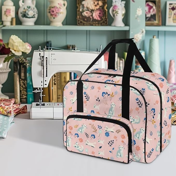 Sewing Machine Dust Bag Portable Carrying Case Portable Carrying Case Versatile Travel Tote Bag Universal Large Capacity Sewing Machine Storage Case, White Cat Flower Leaf Pink - Image 2