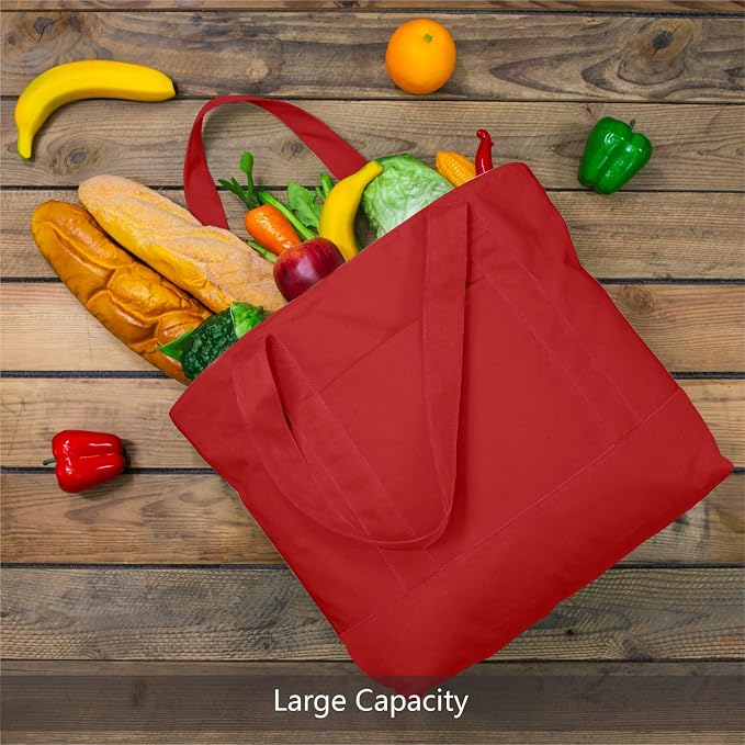 TOPDesign 1-Pack Canvas Tote Bags with an External Pocket, Reusable Grocery Shopping Bags, Top Zipper Closure, Daily Essentials (Red) - Image 3