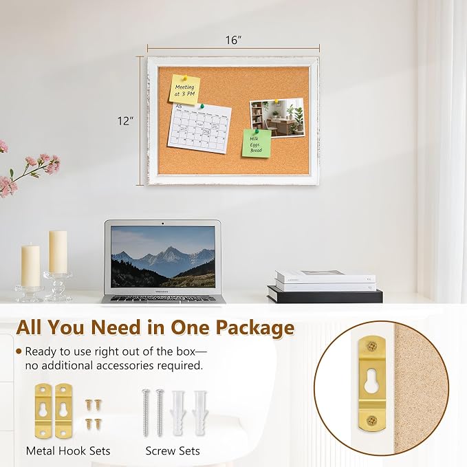 DOLLAR BOSS Distressed White Cork Board, 16"x12" Bulletin Board | Hand-Finished Rustic Frame, Vintage Farmhouse Pin Board, For Office & Home Decor, Includes Pins & Hanging Hardware - Image 3