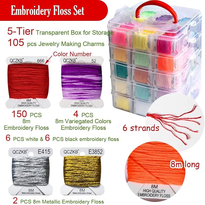 301 Embroidery Floss Set Including Cross Stitch Threads Friendship Bracelet String with 5-Tier Transparent Box, Floss Bobbins and Cross Stitch Kits - Image 6