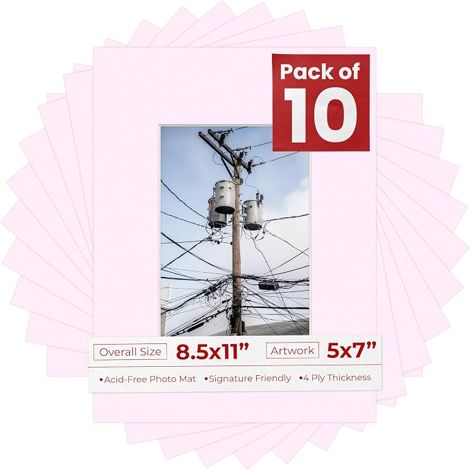 5x7 Mat for 8.5x11 Frame - Precut Mat Board Acid-Free Soft Pink 5x7 Photo Matte Made to Fit a 8.5x11 Picture Frame, Premium Matboard for Family Photos, Show Kits, Art, Picture Framing, Pack of 10 Mats by PosterPalooza