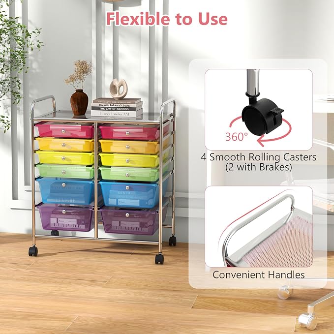 DREAMADE Rolling Cart with Storage Drawers, Utility Cart with Removable Plastic Drawers, Lockable Wheels, Art Cart for Classroom Organization Art Supplies Office Scrapbook (‎12 Drawers, Rainbow) - Image 4
