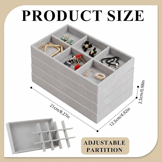 24 Pack Velvet Jewelry Trays Stackable Jewelry Organizer Trays Drawer Inserts Divided Storage Containers for Rings Earrings Jewelry Display (Gray) - Image 2