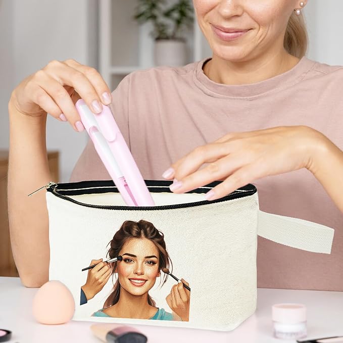 Koolmox 20 PCS Large Cosmetic Pouch with Bottom and Strap, 12Oz Thick Canvas Cosmetic Toiletry Tool Travel Organization Pouches Plain to Customize (Beige Bag w/Black Zipper, L, 12.2x7.4x 2.7'') - Image 6
