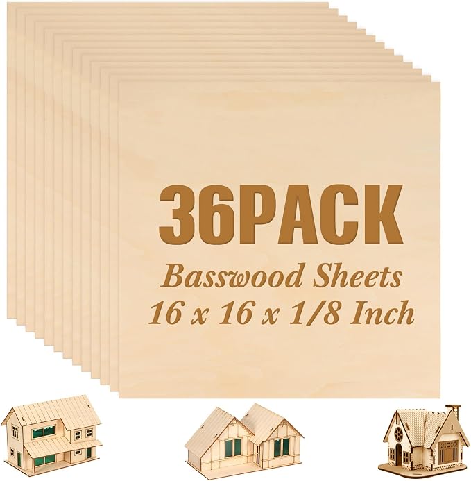 Riakrum Basswood Sheets Plywood Board Unfinished Wood Boards for Crafts for DIY Laser Projects Architectural Mini House Building Hobby Model Making(16 x 16 x 1/8 Inch,36) by Riakrum