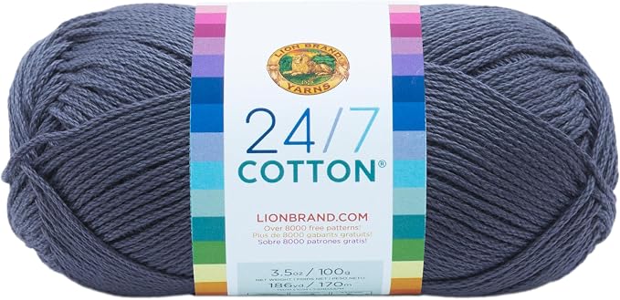 Lion Brand Yarn Lightweight 24/7 Cotton Yarn for Knitting, Crocheting, and Crafts, Denim, 1 Pack | Light Worsted 100% Mercerized Cotton Yarn for Crochet, Knitting, Craft, 185 Yards of Natural Fiber for Tees, Bags, Dishcloths by LionBrandYarn