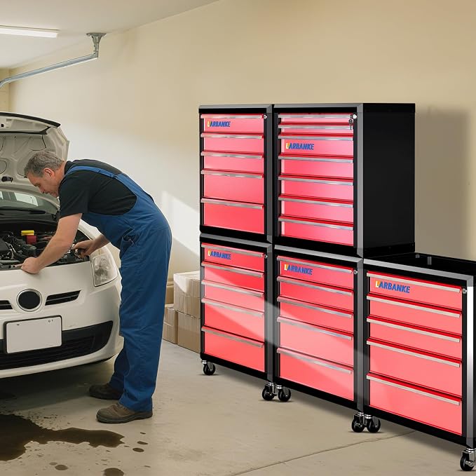 5 Drawer Rolling Tool Chest with Wheels,Lockable Tool Cabinet,Red | 360° Wheels with Brakes, Locking System, Waterproof Multifunction Top, Connect Rods for Stacking with Same Series Cabinet - Image 2