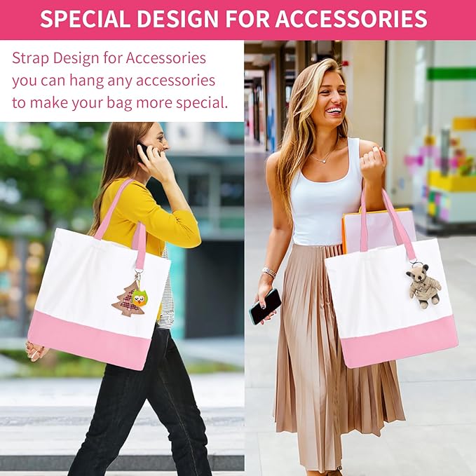1 Pack Canvas Tote Bag with Zipper, Large Reusable Grocery Tote, Pink | Blank bag, washable, inner pocket, flat bottom, sturdy handle, for sublimation DIY/transfer, travel/beach/Christmas crafts - Image 2
