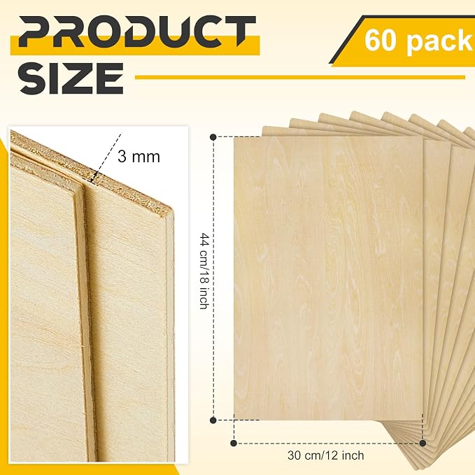 60 Pcs 12" X 18"X 1/8" Basswood Plywood Sheets for Laser Cutting | 3mm Plywood Wood Thin Sheets for DIY Arts Crafts Woodworking Scroll Sawing Projects Painting Drawing - Image 2
