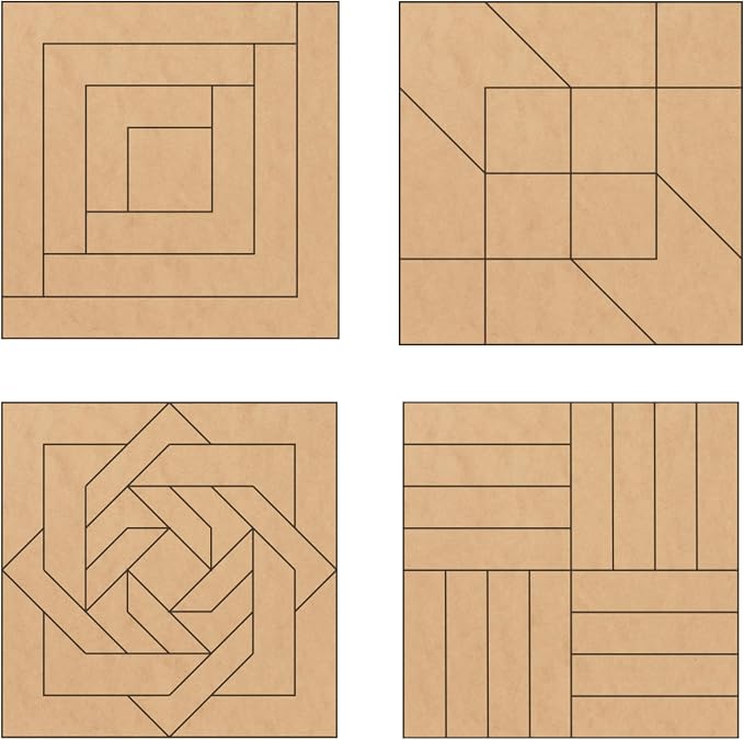 Set of 4 Coasters Small Barn Quilt Kit DIY Pattern Unfinished Wood Quilting Block Sign Paintable Art for Adults and Kids (Log Cabin, Road to Oklahoma, Slip Knot, Rail Fence) by AVTRBoutique