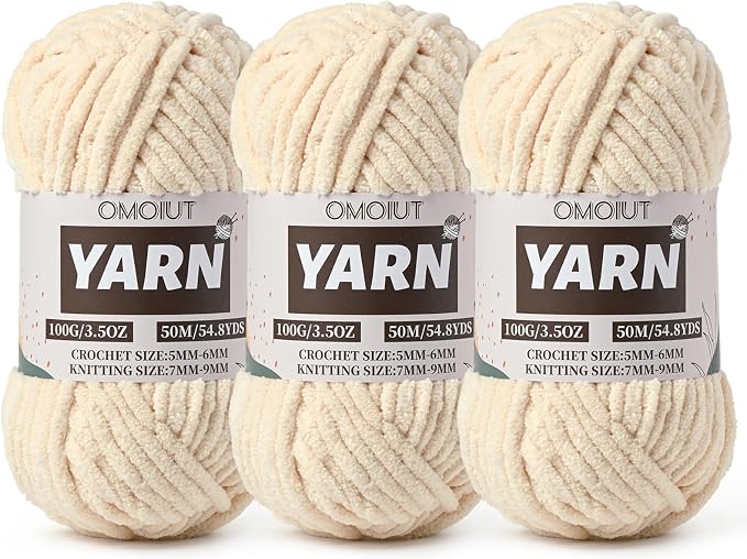 3 Pack Beige Fluffy Chunky Chenille Crochet Yarn, Baby Yarn for Crocheting Soft Blanket, Bulky Velvet Yarn (100g/54.8yds Each), Plush Amigurumi Yarn for Knitting Crafts, Scarves, Puzzle by Unknown