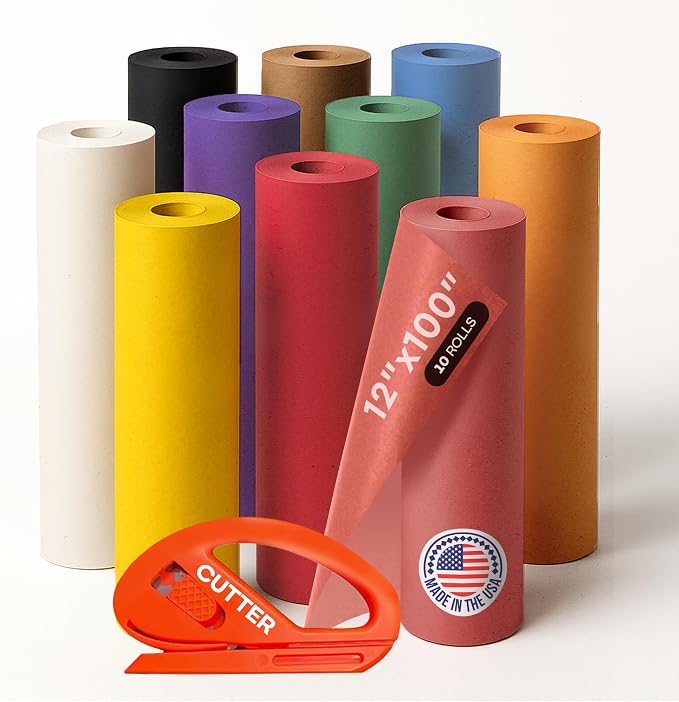 Assorted Colors Kraft Paper with Cutter, Set of 10 Rolls 12"x1200" (100 ft) | USA-Made Natural Multi-Color Kraft Paper for Kids' Crafts, School & DIY Projects, Gift Wrapping by IDL Packaging by IDLPackaging
