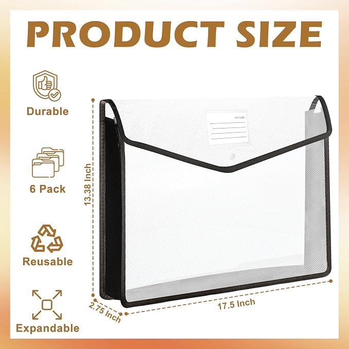 6 PCS 11 x 17 Inch Expandable Tabloid Size Document Folder with Label A3 Plastic Folders for Documents Black Expanding File Wallet Envelope Size Waterproof Clear Plastic File Pouch for Office - Image 2