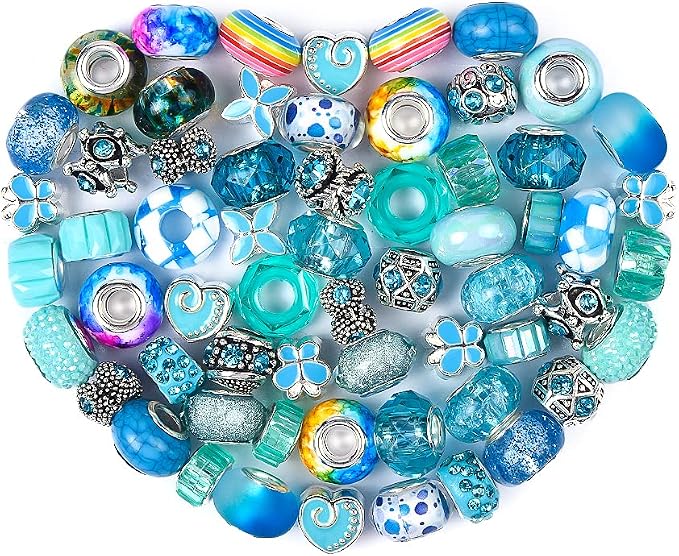 Aipridy European Large Hole Beads, Colorful Glass Charm Beads Set, Assorted Patterns and Designs Rhinestone Craft Beads for DIY Bracelet Jewelry Making (60, Sky Blue Resin+Alloy) by AIPRIDY