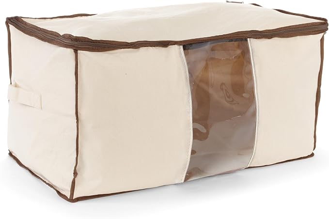 Covermates Canvas Storage Bag for Blankets, Clothes & Décor, 100% Cotton Breathable Fabric, Clear ID Window, Dual Zipper Closure, Carry Handles, Closet Organization, Natural by Covermates