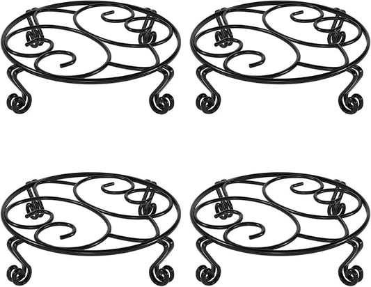 Yimobra 4 Pack Plant Stand for Flower Pot Heavy Duty Potted Holder Indoor Outdoor Metal Rustproof Iron Garden Container Round Supports Rack for Planter (4PC Black 9.4 x 2 IN)