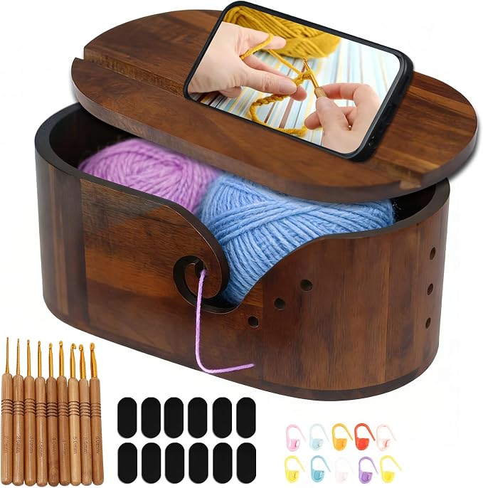Wooden Yarn Bowl with Lid & Phone Slot Oval Crochet Yarn Holder Bowl | 11.4x5.9x4.7in Large Oval Acacia Wood Yarn Bowl Knitting for Crocheters, Crochet Yarn Holder Bowl (Oval - Acacia wood) by Unknown