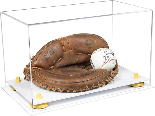 Better Display Cases Acrylic Catchers Glove Display Case with Clear Case, Yellow Risers and White Base 14" x 8" x 8.5" (V16/A011)