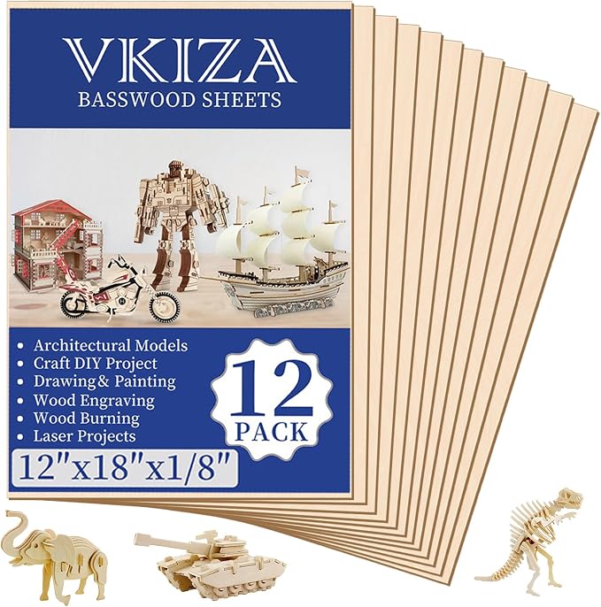 12 Pack Basswood Sheets for Crafts 12 x 18 x 1/8 in, 3mm Thick Unfinished Plywood for Laser Cutting & Engraving, DIY Ornaments and Architectural Model by VKIZA