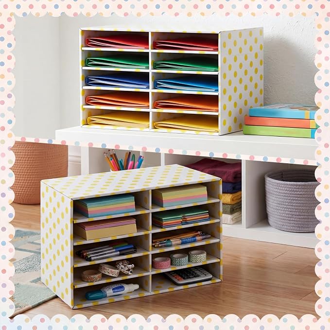 Eaasty 2 Pack 10 Slot Paper Storage Organizer, Back to School Construction Paper Holder for Office, Home, and School Use, 20.5 x 12.4 x 13.3 Inches (Polka Dots,Yellow) - Image 5