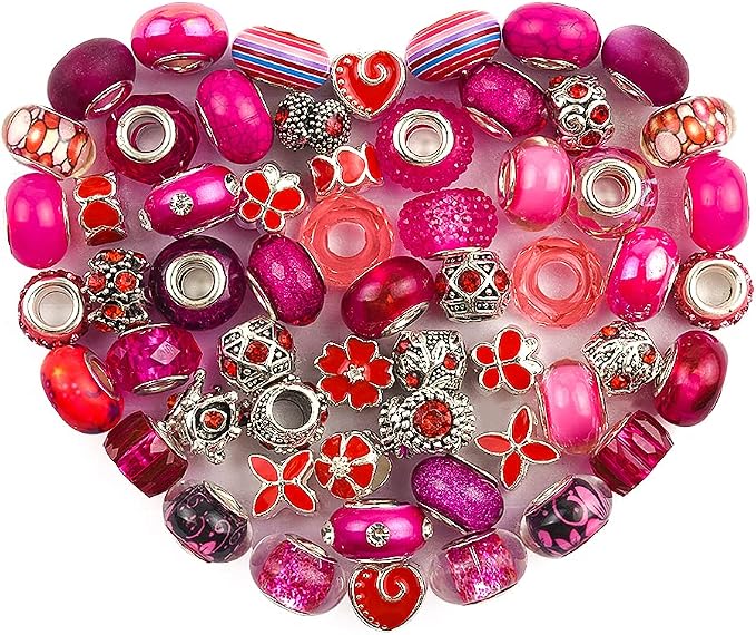 Aipridy European Large Hole Beads, Colorful Glass Charm Beads Set, Assorted Patterns and Designs Rhinestone Craft Beads for DIY Bracelet Jewelry Making (60, Rose-Bengal Resin+Alloy) by AIPRIDY