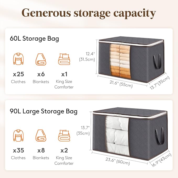 Lifewit 6 Pack Clothes Storage Bins with Lids, Foldable Blanket Storage Bags with Zippers, Clear Window and Reinforced Handles, Closet and Organization for Clothing, Sweater, Comforter, Bedding - Image 2