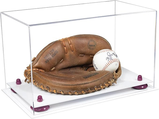 Better Display Cases Acrylic Catchers Glove Display Case with Clear Case, Purple Risers and White Base 14" x 8" x 8.5" (V16/A011)