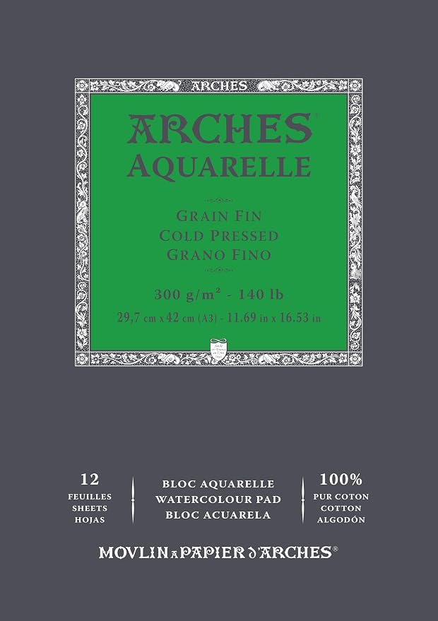 Arches Aquarelle Cold Pressed Watercolor Pad, 11.69x16.53 inches, 140lb, 12 Sheets by ARCHES
