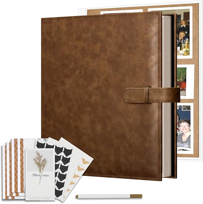 Vienrose 13"x11" Scrapbook Album Gift Set Faux Leather DarkBrown 60 Pages | 3 Ring Scrapbook With 60 Kraft Pages, 30 Plastic Sleeves, Blank Scrapbooks, Photobook, Valentine Gift Wedding Anniversary by Vienrose